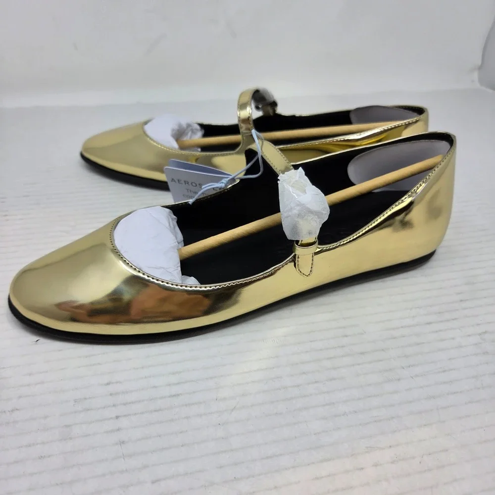 Aerosoles Ferry Flats Womens 8 Gold Metallic‎ Mary Jane Buckle Classic Glam NWT
